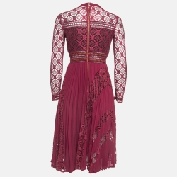 Pre Owned Self-Portrait Burgundy Lace and Crepe Plisse Midi Dress S