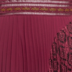 Pre Owned Self-Portrait Burgundy Lace and Crepe Plisse Midi Dress S