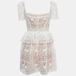 Pre Owned Self-Portrait White Guipure Lace Tiered Mini Dress M