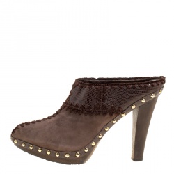 Pre Owned Sergio Rossi Brown Suede Stud Trim Wooden Platform Pointed Toe Mules Size 40