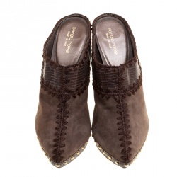 Pre Owned Sergio Rossi Brown Suede Stud Trim Wooden Platform Pointed Toe Mules Size 40