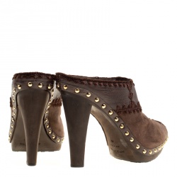 Pre Owned Sergio Rossi Brown Suede Stud Trim Wooden Platform Pointed Toe Mules Size 40