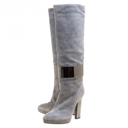 Pre Owned Sergio Rossi Grey Suede Metal Cuff Boots Size 41