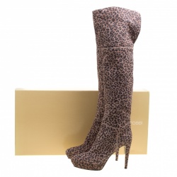 Pre Owned بوت فوق الركبة سيرجيو روسي سويدي رصاصي نقشة الفهد نعل سميك مقاس 41