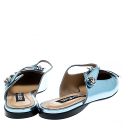 Pre Owned Sergio Rossi Metallic Blue Textured Leather Flower Detail Pointed Toe Flat Mules Size 40