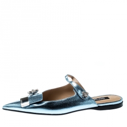 Pre Owned Sergio Rossi Metallic Blue Textured Leather Flower Detail Pointed Toe Flat Mules Size 40