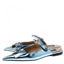 Pre Owned Sergio Rossi Metallic Blue Textured Leather Flower Detail Pointed Toe Flat Mules Size 40