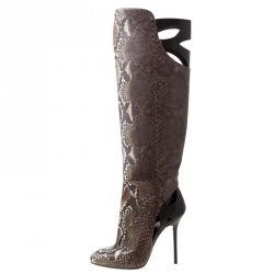 Pre Owned بوت سيرجيو روسي جلد نقشة الثعبان بني فوق الركبة مقاس 39
