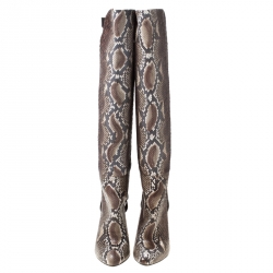 Pre Owned بوت سيرجيو روسي جلد نقشة الثعبان بني فوق الركبة مقاس 39