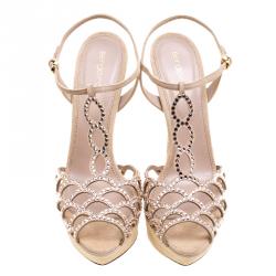 Pre Owned Sergio Rossi Suede and Crystal Embellished  Strappy Scalloped Platform Sandals Size 39.5