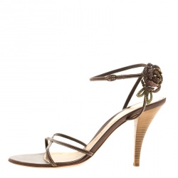Pre Owned Sergio Rossi Brown Leather Rose Embellished Ankle Wrap Sandals Size 41