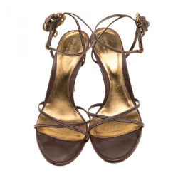 Pre Owned Sergio Rossi Brown Leather Rose Embellished Ankle Wrap Sandals Size 41