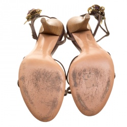 Pre Owned Sergio Rossi Brown Leather Rose Embellished Ankle Wrap Sandals Size 41