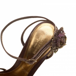 Pre Owned Sergio Rossi Brown Leather Rose Embellished Ankle Wrap Sandals Size 41
