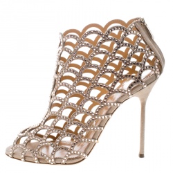 Pre Owned Sergio Rossi Beige Crystal Embellished Scalloped Suede Peep Toe Caged Booties Size 40