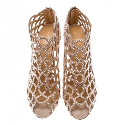 Pre Owned Sergio Rossi Beige Crystal Embellished Scalloped Suede Peep Toe Caged Booties Size 40