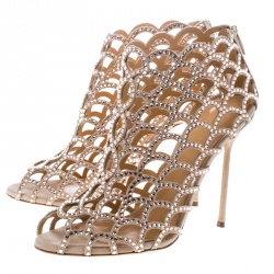 Pre Owned Sergio Rossi Beige Crystal Embellished Scalloped Suede Peep Toe Caged Booties Size 40