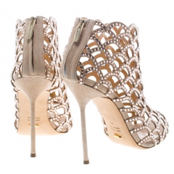 Pre Owned Sergio Rossi Beige Crystal Embellished Scalloped Suede Peep Toe Caged Booties Size 40