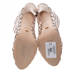 Pre Owned Sergio Rossi Beige Crystal Embellished Scalloped Suede Peep Toe Caged Booties Size 40