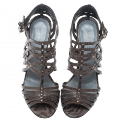 مملوكة مسبقًا صندل سيرجيو روسي جلد سحالي رصاصي مقدمة مفتوحة مقاس 36.5