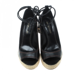 Pre Owned Sergio Rossi Black Leather Peep Toe Espadrilles Wedge Pumps Size 36.5
