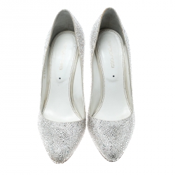Pre Owned Sergio Rossi White Satin Crystal Embellished Pumps Size 37.5