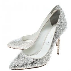 Pre Owned Sergio Rossi White Satin Crystal Embellished Pumps Size 37.5