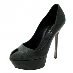 Pre Owned Sergio Rossi Green Textured Suede Leather Cut Out Platform Pumps Size 35