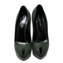 Pre Owned Sergio Rossi Green Textured Suede Leather Cut Out Platform Pumps Size 35