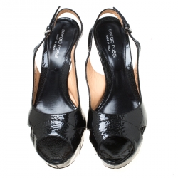 Pre Owned Sergio Rossi Black Patent Leather Slingback Platform Sandals Size 38