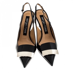 Pre Owned حذاء كعب عالي سيرجيو روسي سكاربي دونا فتحة كعب معل سميك جلد لامع أسود مقاس 38