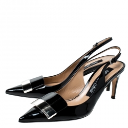 Pre Owned حذاء كعب عالي سيرجيو روسي سكاربي دونا فتحة كعب معل سميك جلد لامع أسود مقاس 38