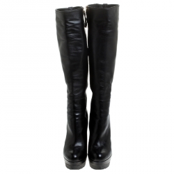 Pre Owned Sergio Rossi Black Leather Zip Platform Knee Length Boots Size 36