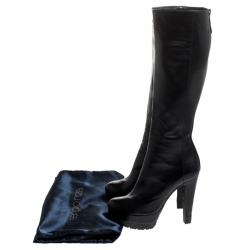 Pre Owned Sergio Rossi Black Leather Zip Platform Knee Length Boots Size 36
