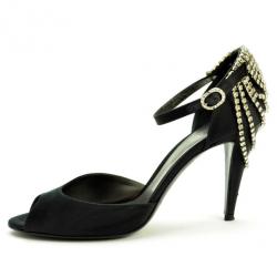 Pre Owned Sergio Rossi Black Satin Diamante Studded Ankle Strap Sandals Size 41