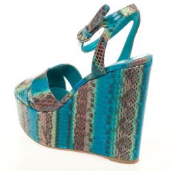 Pre Owned Sergio Rossi Blue Snakeskin Wedges Sandals Size 38