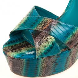 Pre Owned Sergio Rossi Blue Snakeskin Wedges Sandals Size 38