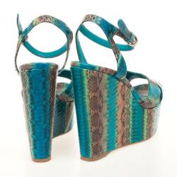 Pre Owned Sergio Rossi Blue Snakeskin Wedges Sandals Size 38