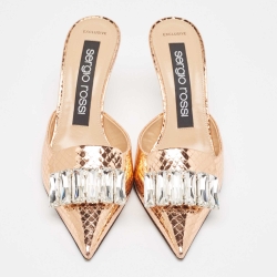 Pre Owned Sergio Rossi Metallic Python Embossed SR1 Pointed Toe Mules Size 37