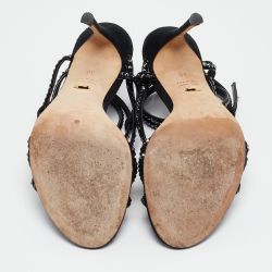 Pre Owned Sergio Rossi Black Patent Leather and Suede Crystals Embellished Ankle Wrap Sandals Size 36