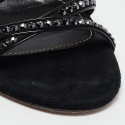 Pre Owned Sergio Rossi Black Patent Leather and Suede Crystals Embellished Ankle Wrap Sandals Size 36