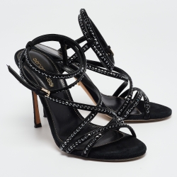 Pre Owned Sergio Rossi Black Patent Leather and Suede Crystals Embellished Ankle Wrap Sandals Size 36
