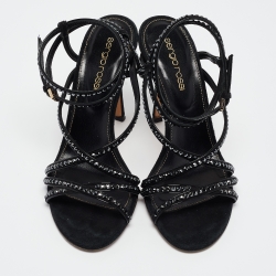 Pre Owned Sergio Rossi Black Patent Leather and Suede Crystals Embellished Ankle Wrap Sandals Size 36
