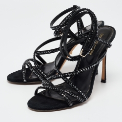Pre Owned Sergio Rossi Black Patent Leather and Suede Crystals Embellished Ankle Wrap Sandals Size 36