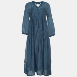 S'Max Mara Blue Cotton Silk Tiered Sesamo Maxi Dress S
