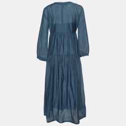 S'Max Mara Blue Cotton Silk Tiered Sesamo Maxi Dress S