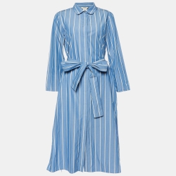 Pre Owned S'Max Mara Blue Striped Cotton Midi Dress M