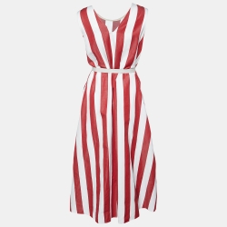 S'Max Mara Red Striped Cotton & Ramie Belted Dress M