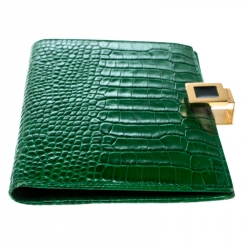 Smythson Green Croc Embossed Leather Mara Passport Cover