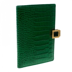 Smythson Green Croc Embossed Leather Mara Passport Cover
